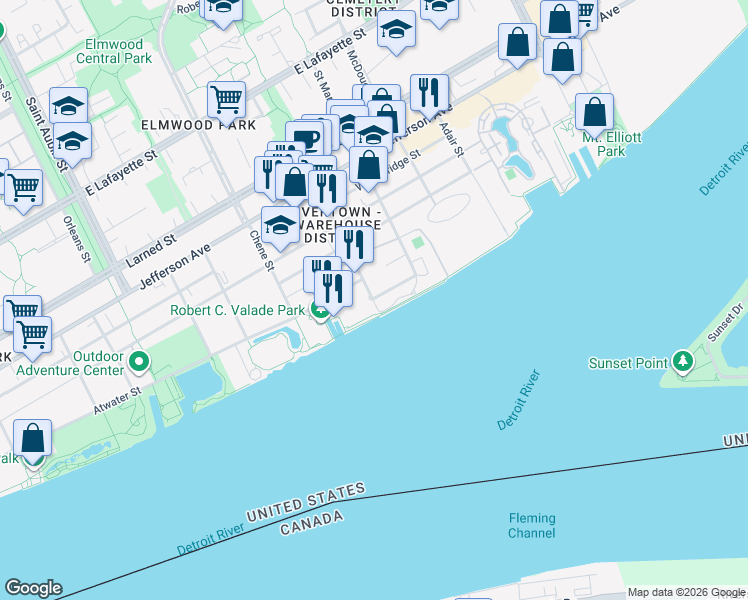 map of restaurants, bars, coffee shops, grocery stores, and more near in Detroit