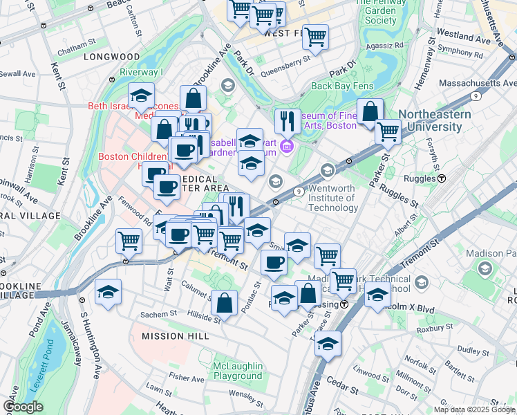 map of restaurants, bars, coffee shops, grocery stores, and more near 641 Huntington Avenue in Boston