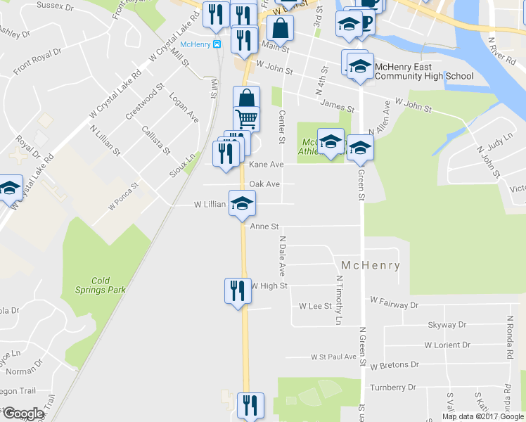 map of restaurants, bars, coffee shops, grocery stores, and more near 3907 Grove Avenue West in McHenry