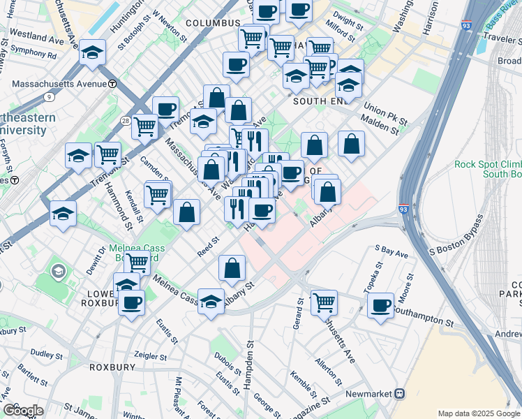 map of restaurants, bars, coffee shops, grocery stores, and more near 33 Worcester Square in Boston