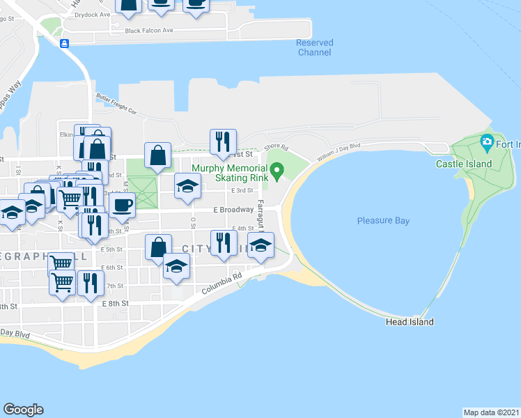 map of restaurants, bars, coffee shops, grocery stores, and more near E Broadway & Farragut Rd in Boston