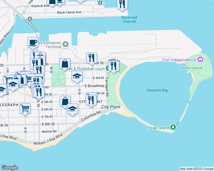 map of restaurants, bars, coffee shops, grocery stores, and more near 65 Farragut Road in Boston