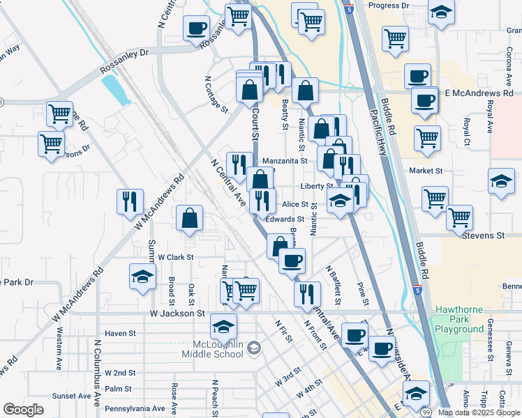 map of restaurants, bars, coffee shops, grocery stores, and more near 1020 Court Street in Medford