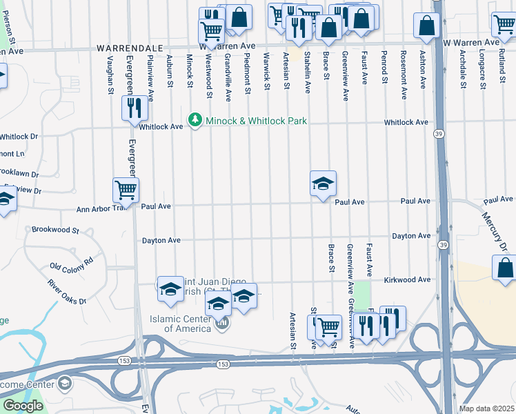 map of restaurants, bars, coffee shops, grocery stores, and more near 6261 Warwick Street in Detroit