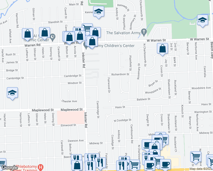map of restaurants, bars, coffee shops, grocery stores, and more near 6615 Fairwood Drive in Dearborn Heights