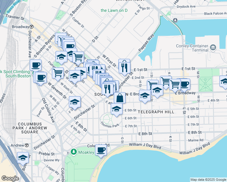 map of restaurants, bars, coffee shops, grocery stores, and more near 77 Dorchester Street in Boston