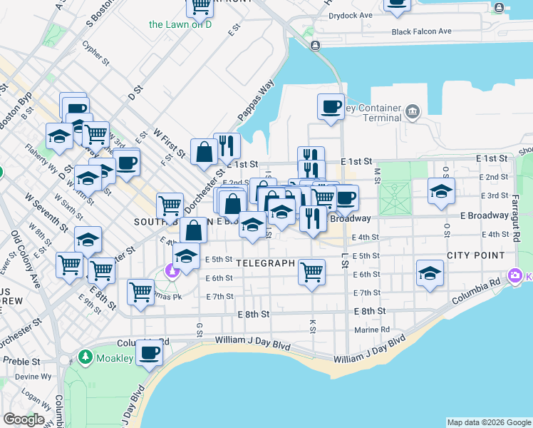 map of restaurants, bars, coffee shops, grocery stores, and more near in Boston