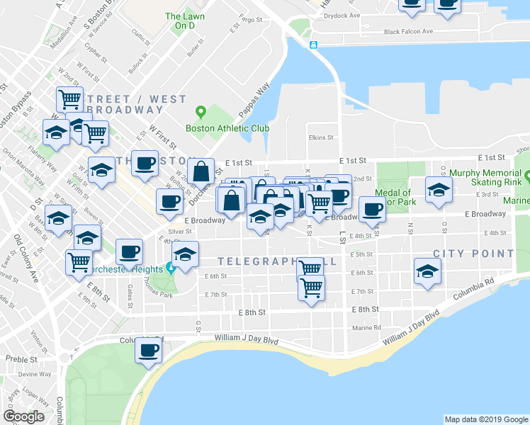 map of restaurants, bars, coffee shops, grocery stores, and more near in Boston