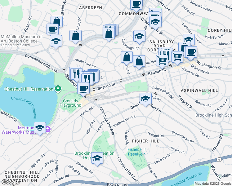 map of restaurants, bars, coffee shops, grocery stores, and more near 19 Strathmore Road in Brookline