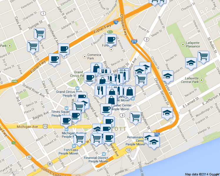 map of restaurants, bars, coffee shops, grocery stores, and more near 850 Centre Street in Detroit