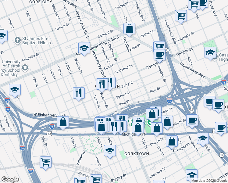 map of restaurants, bars, coffee shops, grocery stores, and more near in Detroit