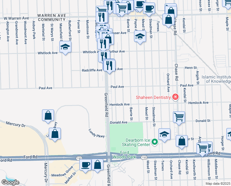 map of restaurants, bars, coffee shops, grocery stores, and more near 6332 Yinger Avenue in Dearborn