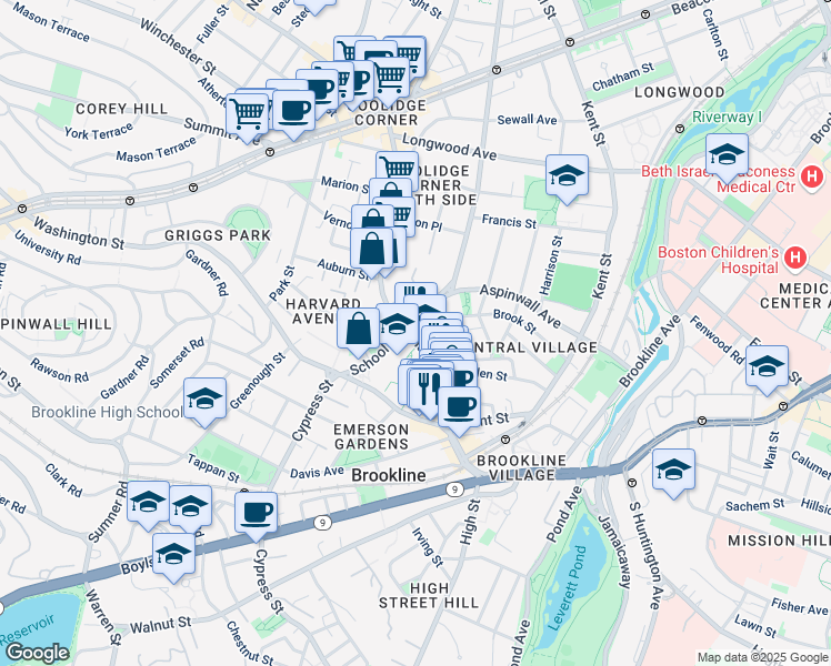 map of restaurants, bars, coffee shops, grocery stores, and more near 14 Homer Street in Brookline