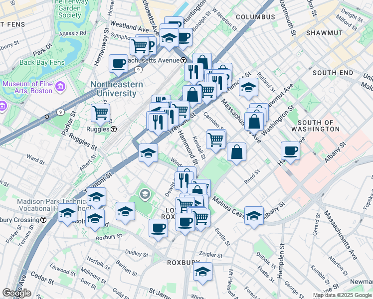 map of restaurants, bars, coffee shops, grocery stores, and more near 10 Sussex Street in Boston