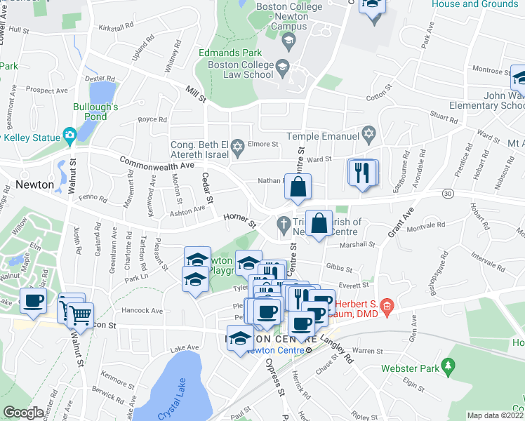 map of restaurants, bars, coffee shops, grocery stores, and more near Commonwealth Ave & Ransom Rd in Newton