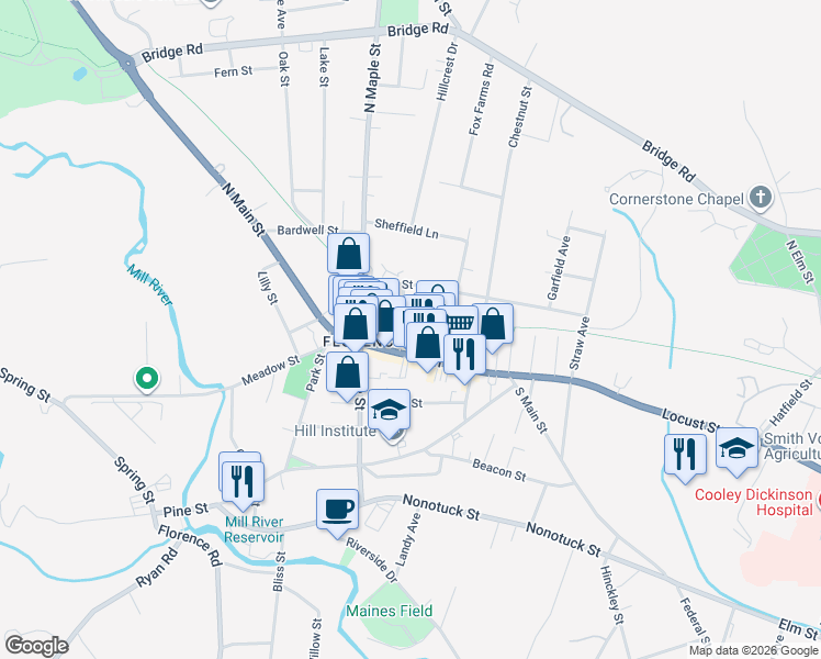map of restaurants, bars, coffee shops, grocery stores, and more near 13 Keyes Street in Northampton