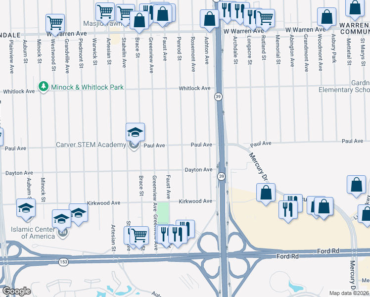 map of restaurants, bars, coffee shops, grocery stores, and more near 6267 Rosemont Avenue in Detroit