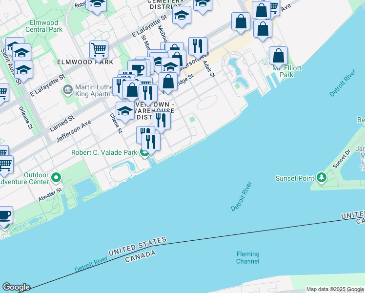 map of restaurants, bars, coffee shops, grocery stores, and more near River Place Drive in Detroit