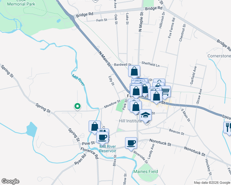 map of restaurants, bars, coffee shops, grocery stores, and more near 22 Lilly Street in Northampton
