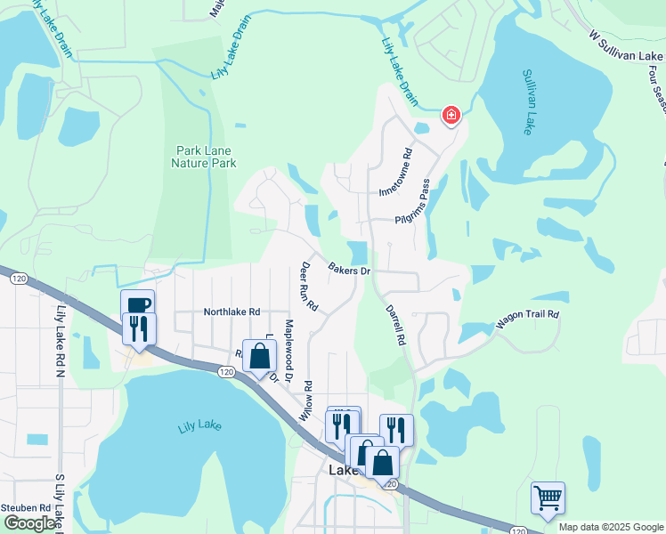 map of restaurants, bars, coffee shops, grocery stores, and more near Bakers Drive in Lakemoor