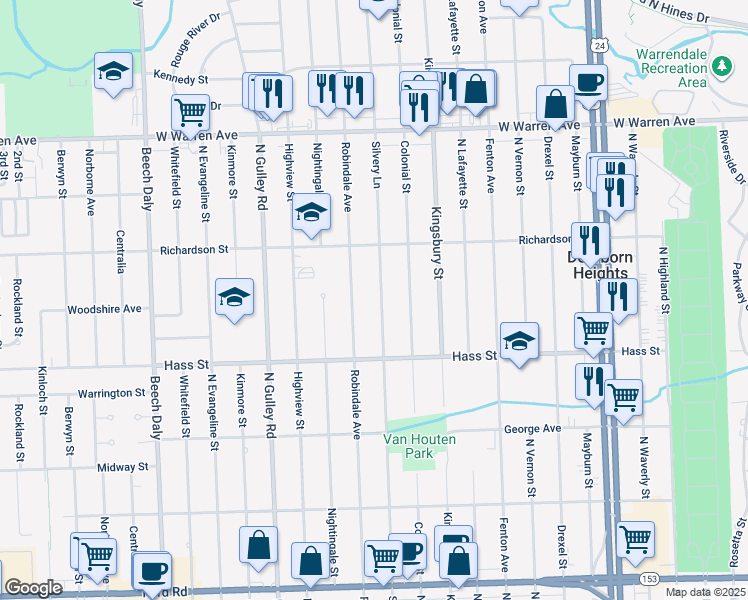 map of restaurants, bars, coffee shops, grocery stores, and more near 6533 Silvery Lane in Dearborn Heights