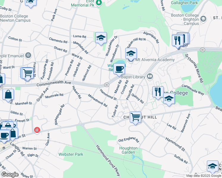 map of restaurants, bars, coffee shops, grocery stores, and more near 97 Manet Road in Newton