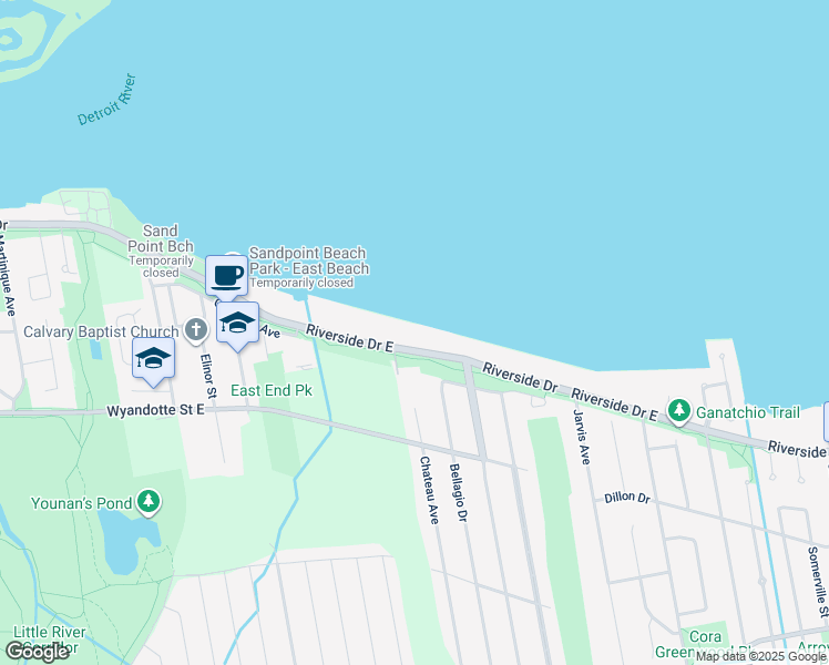 map of restaurants, bars, coffee shops, grocery stores, and more near 11166 Riverside Drive East in Windsor