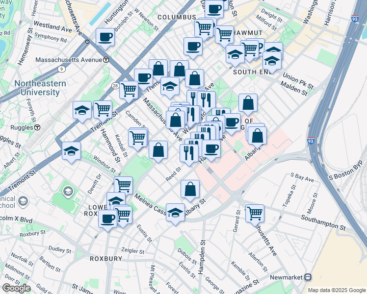 map of restaurants, bars, coffee shops, grocery stores, and more near 668 Massachusetts Avenue in Boston