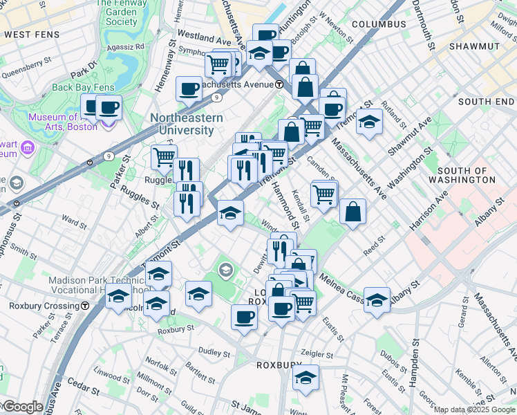 map of restaurants, bars, coffee shops, grocery stores, and more near 49 Warwick Street in Boston