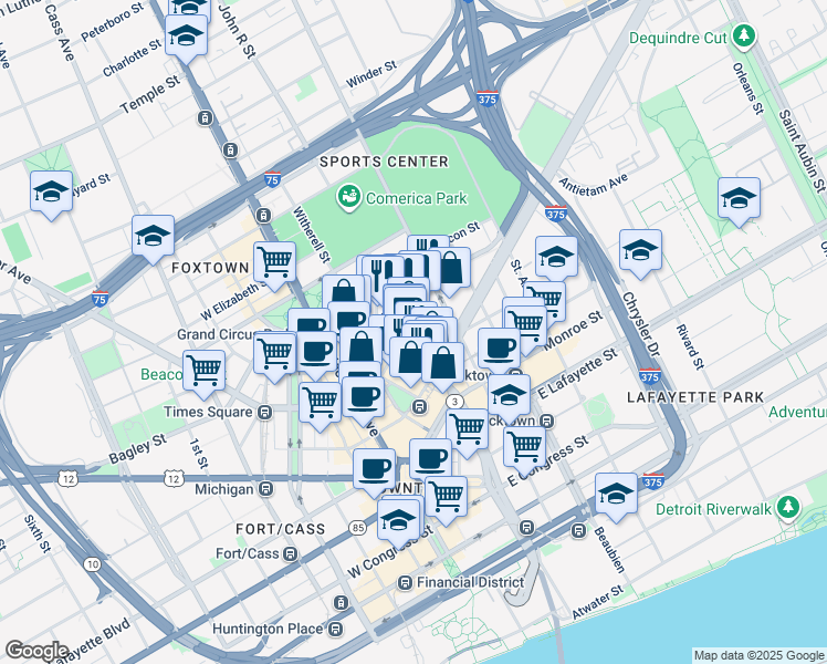 map of restaurants, bars, coffee shops, grocery stores, and more near 1475 Randolph Street in Detroit