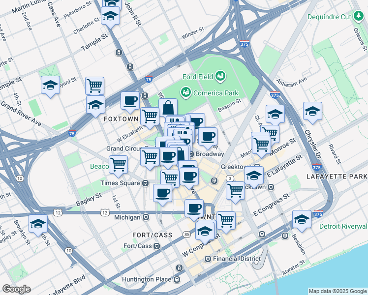 map of restaurants, bars, coffee shops, grocery stores, and more near 1525 Broadway Street in Detroit