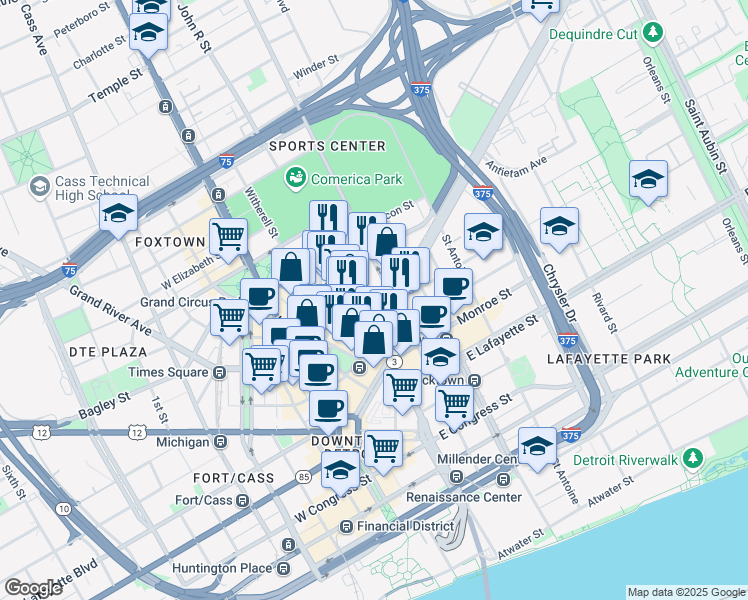 map of restaurants, bars, coffee shops, grocery stores, and more near 1475 Randolph Street in Detroit