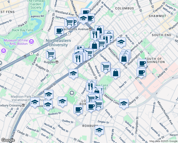 map of restaurants, bars, coffee shops, grocery stores, and more near 10 Sussex Street in Boston