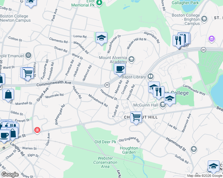 map of restaurants, bars, coffee shops, grocery stores, and more near 97 Manet Road in Newton