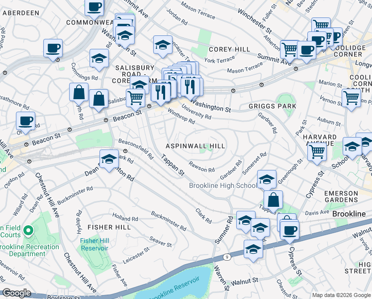 map of restaurants, bars, coffee shops, grocery stores, and more near 78 Addington Road in Brookline