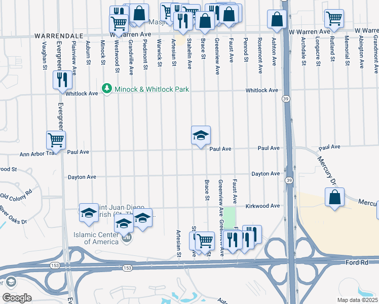 map of restaurants, bars, coffee shops, grocery stores, and more near 6267 Stahelin Avenue in Detroit