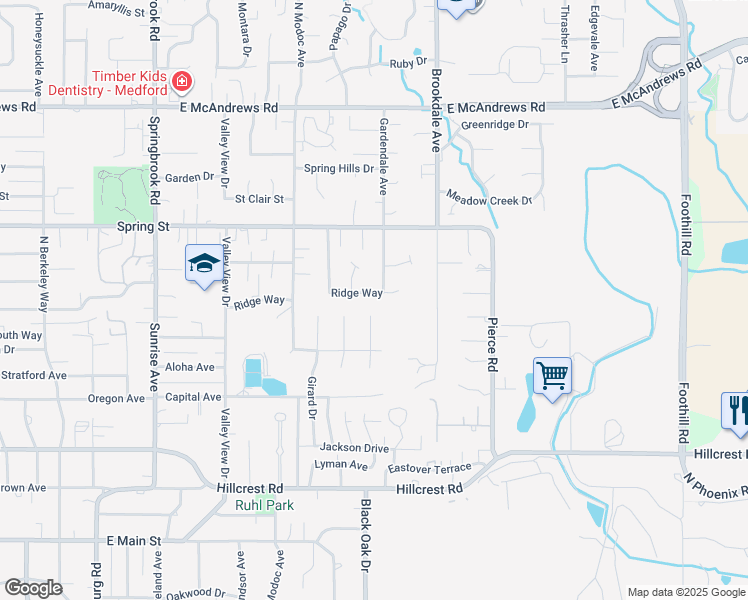 map of restaurants, bars, coffee shops, grocery stores, and more near 2278 Ridge Way in Medford