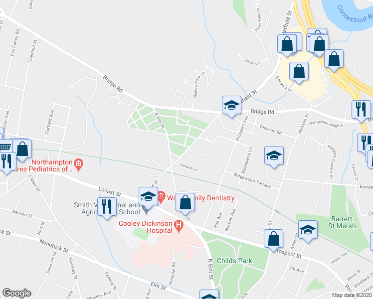 map of restaurants, bars, coffee shops, grocery stores, and more near 52 Hatfield Street in Northampton