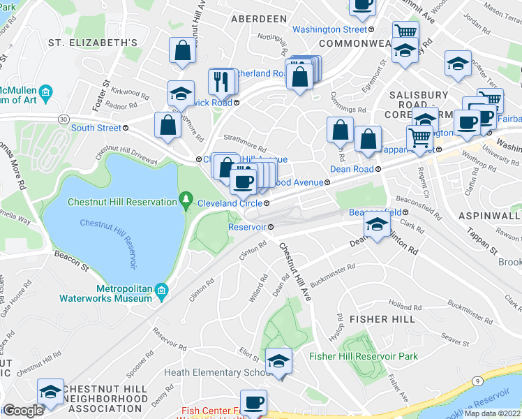 map of restaurants, bars, coffee shops, grocery stores, and more near 1939 Beacon Street in Boston