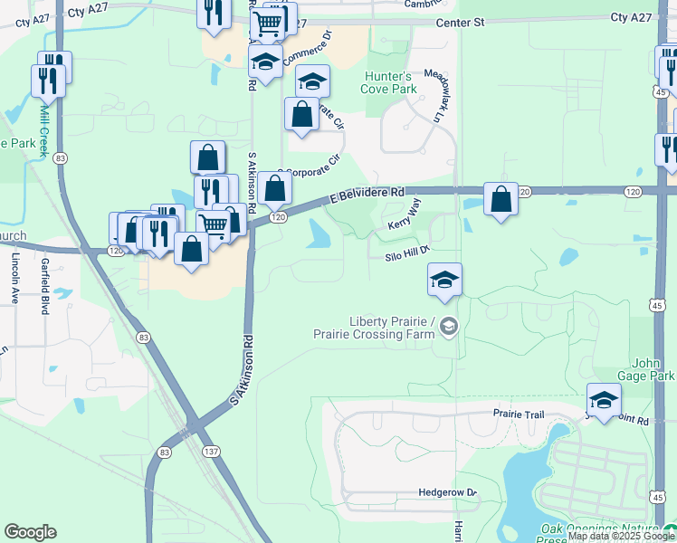 map of restaurants, bars, coffee shops, grocery stores, and more near 416 Ashford Lane in Grayslake