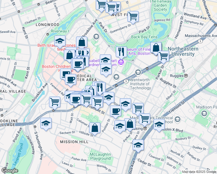 map of restaurants, bars, coffee shops, grocery stores, and more near 641 Huntington Avenue in Boston