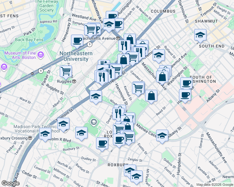 map of restaurants, bars, coffee shops, grocery stores, and more near 10 Sussex Street in Boston