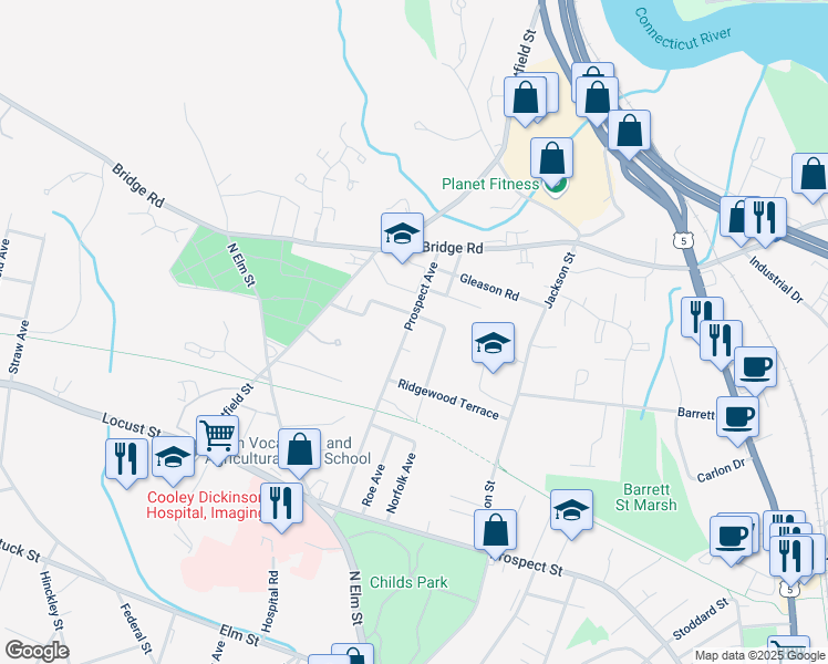 map of restaurants, bars, coffee shops, grocery stores, and more near 157 Prospect Avenue in Northampton