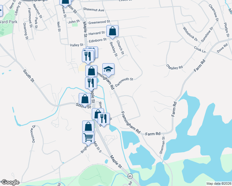 map of restaurants, bars, coffee shops, grocery stores, and more near 108 Framingham Road in Marlborough