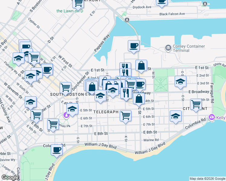 map of restaurants, bars, coffee shops, grocery stores, and more near 646 East Broadway in Boston