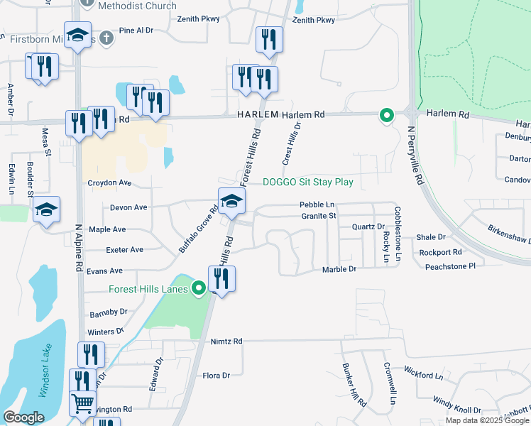 map of restaurants, bars, coffee shops, grocery stores, and more near 5094 Granite Street in Loves Park