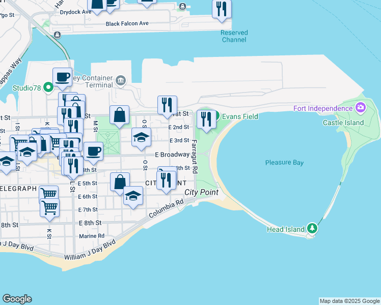 map of restaurants, bars, coffee shops, grocery stores, and more near 65 Farragut Road in Boston