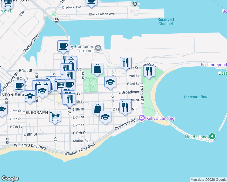map of restaurants, bars, coffee shops, grocery stores, and more near 866 East Broadway in Boston