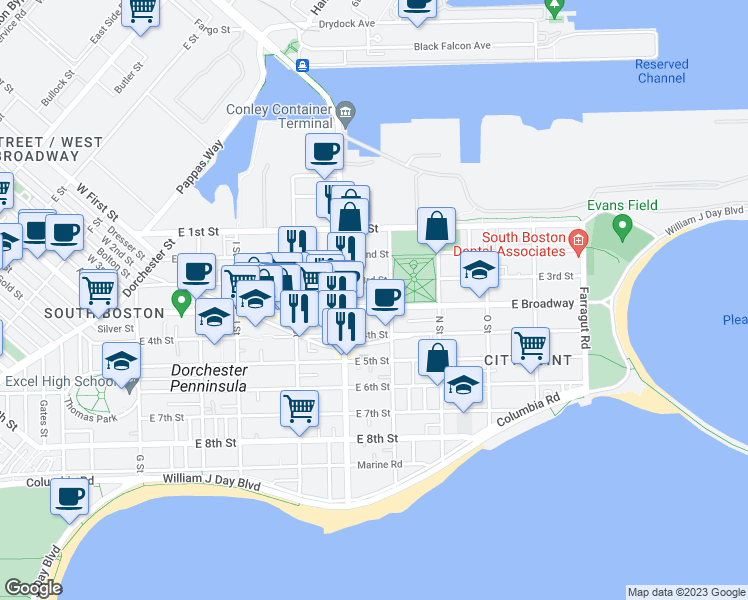 map of restaurants, bars, coffee shops, grocery stores, and more near 784 East Broadway in Boston