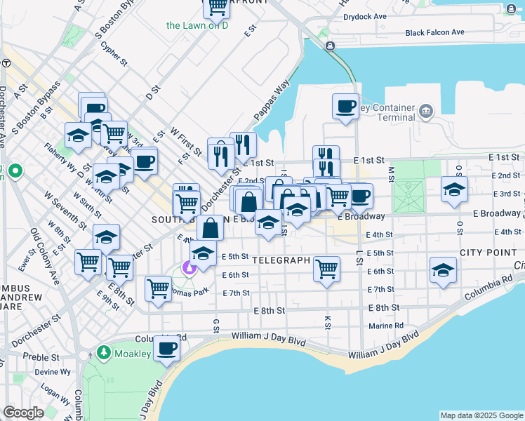 map of restaurants, bars, coffee shops, grocery stores, and more near 60 H Street in Boston